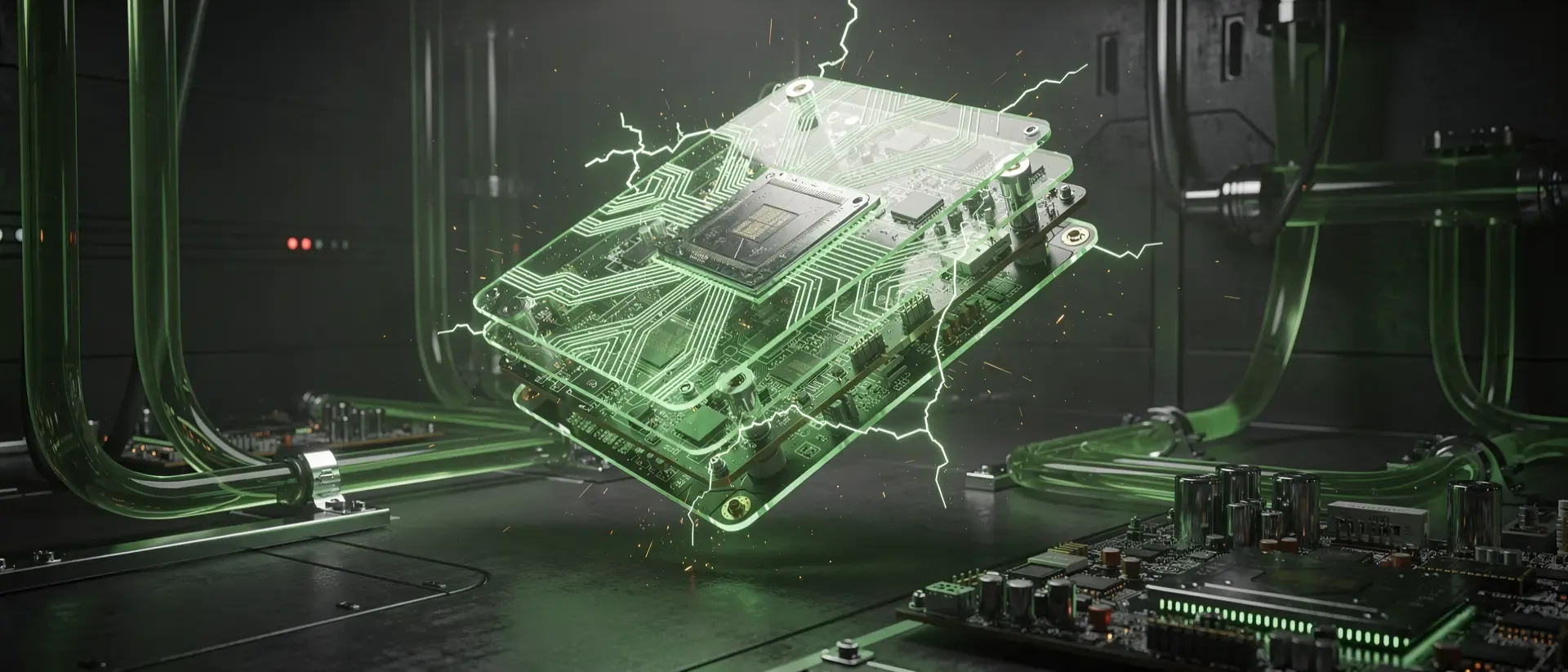 Ein futuristisches Cyberpunk-Labor mit einem schwebenden, neon-grün leuchtenden Hologramm-GPU-Kern und komplexen Schaltkreisen in dunkler Atmosphäre.