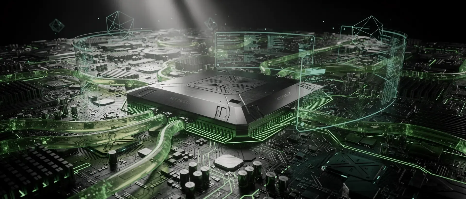 Futuristischer Hochleistungs-CPU-Prozessor in einem dunklen Raum mit leuchtend grünen Energieflüssen, holografischen Datenströmen und Cyberpunk-Ästhetik.