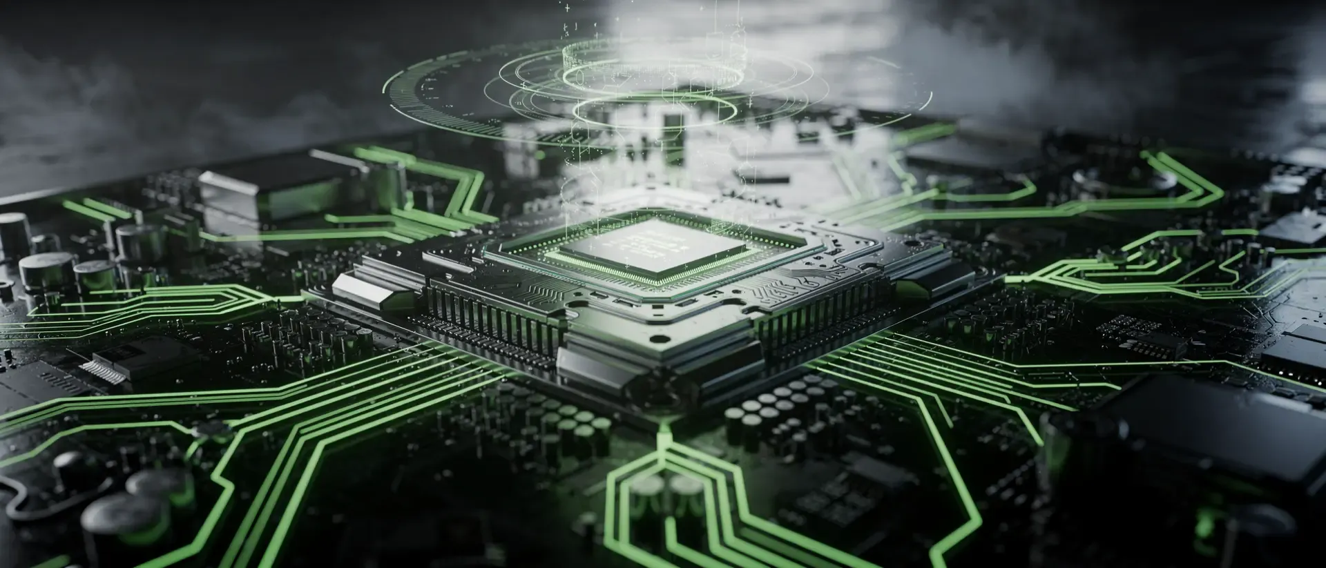 Makroaufnahme eines futuristischen Cyberpunk-Prozessors auf einem dunklen Mainboard mit leuchtend neongrünen, fließenden Energiebahnen und Nebel.