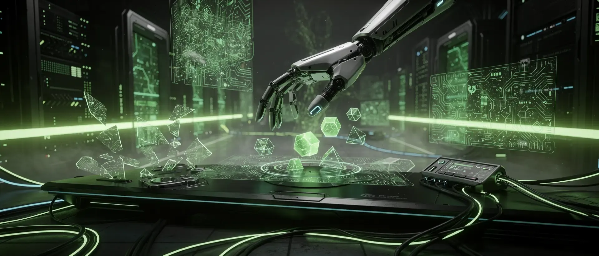 Cyberpunk-Arbeitsplatz mit holografischen Schaltkreisen, leuchtend grünen Datenfragmenten und einer Roboterhand über einem Interface in dunkler Atmosphäre.