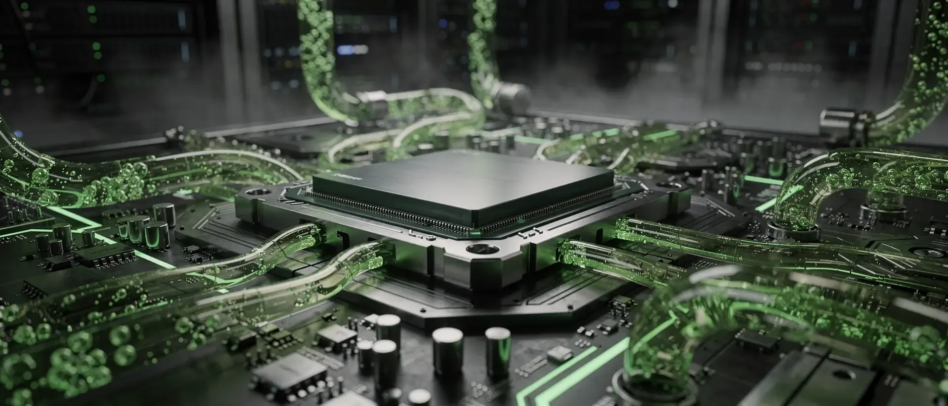 Makroaufnahme eines futuristischen Cyberpunk-Prozessors auf einem Motherboard mit leuchtend grünen Energiepulsen und fluoreszierender Kühlflüssigkeit.