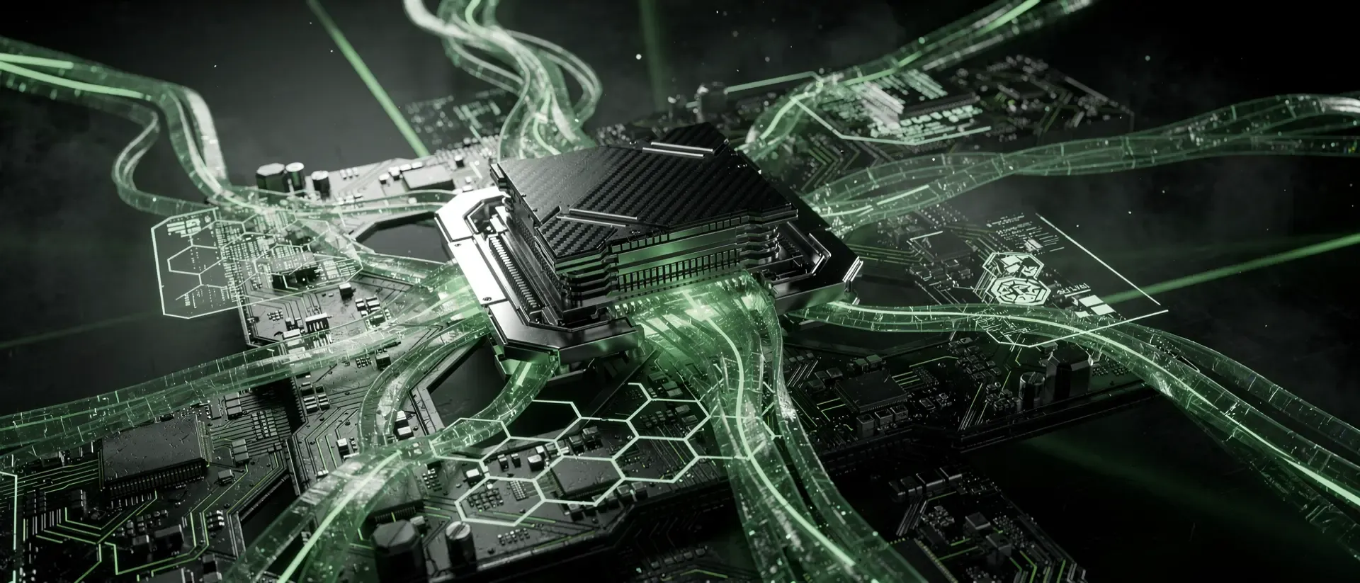Nahaufnahme eines futuristischen Cyber-Prozessors mit pulsierenden neongrünen Energielinien und holografischen Datenströmen auf schwarzem Carbon.