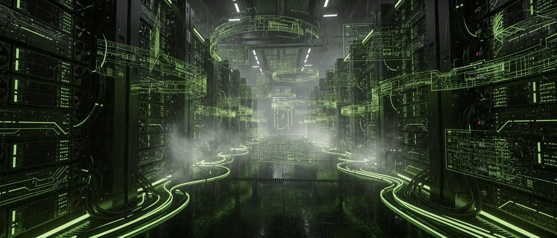 Futuristische Cyberpunk-Serverfarm mit monolithischen Modulen, leuchtend neongrünen Schaltkreisen und holografischen Datenströmen in dunkler Atmosphäre.