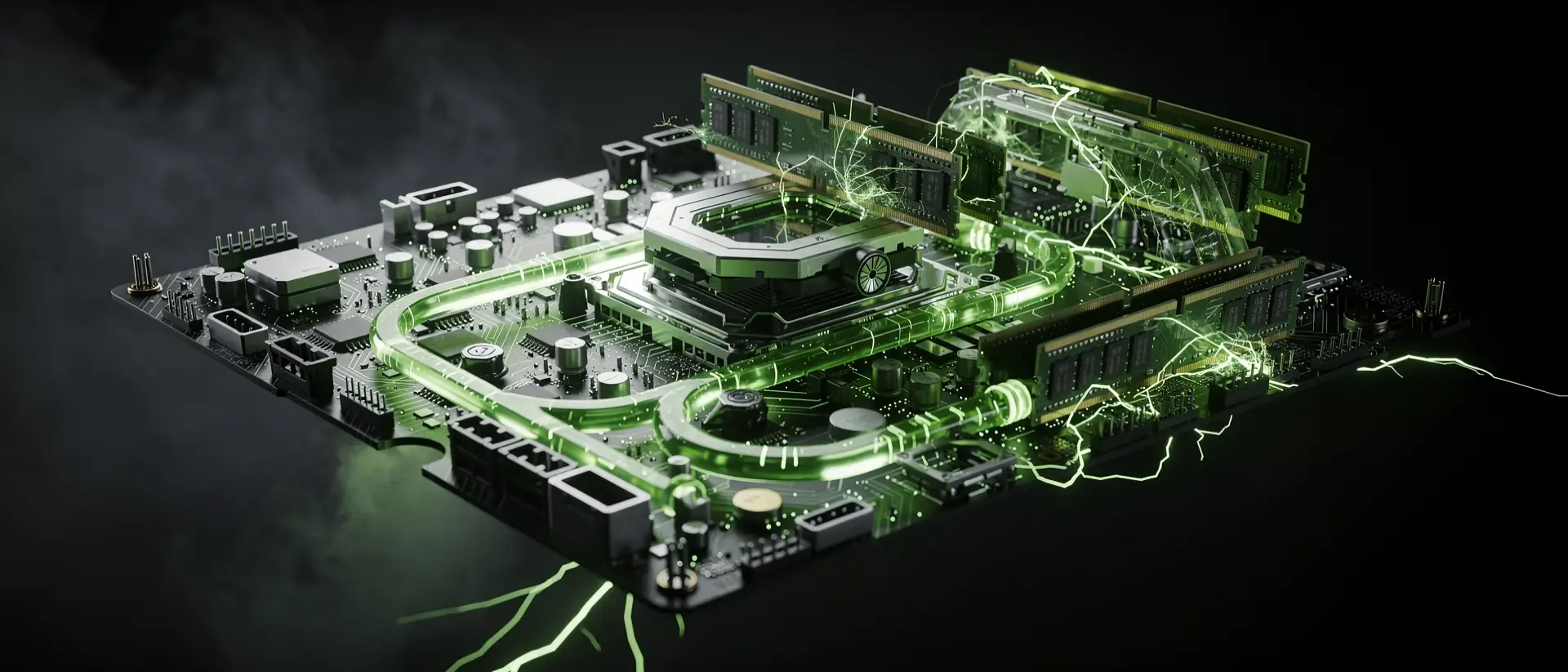 Futuristische Cyberpunk-Motherboard mit leuchtend neongrünen Schaltkreisen, flüssiger Kühlung und elektrischen Funken in einer dunklen Leere.
