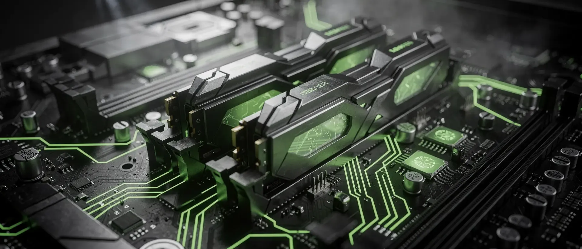 Makroaufnahme futuristischer RAM-Module auf einer dunklen Platine mit leuchtend neongrünen Energieimpulsen in einer Cyberpunk-Ästhetik.