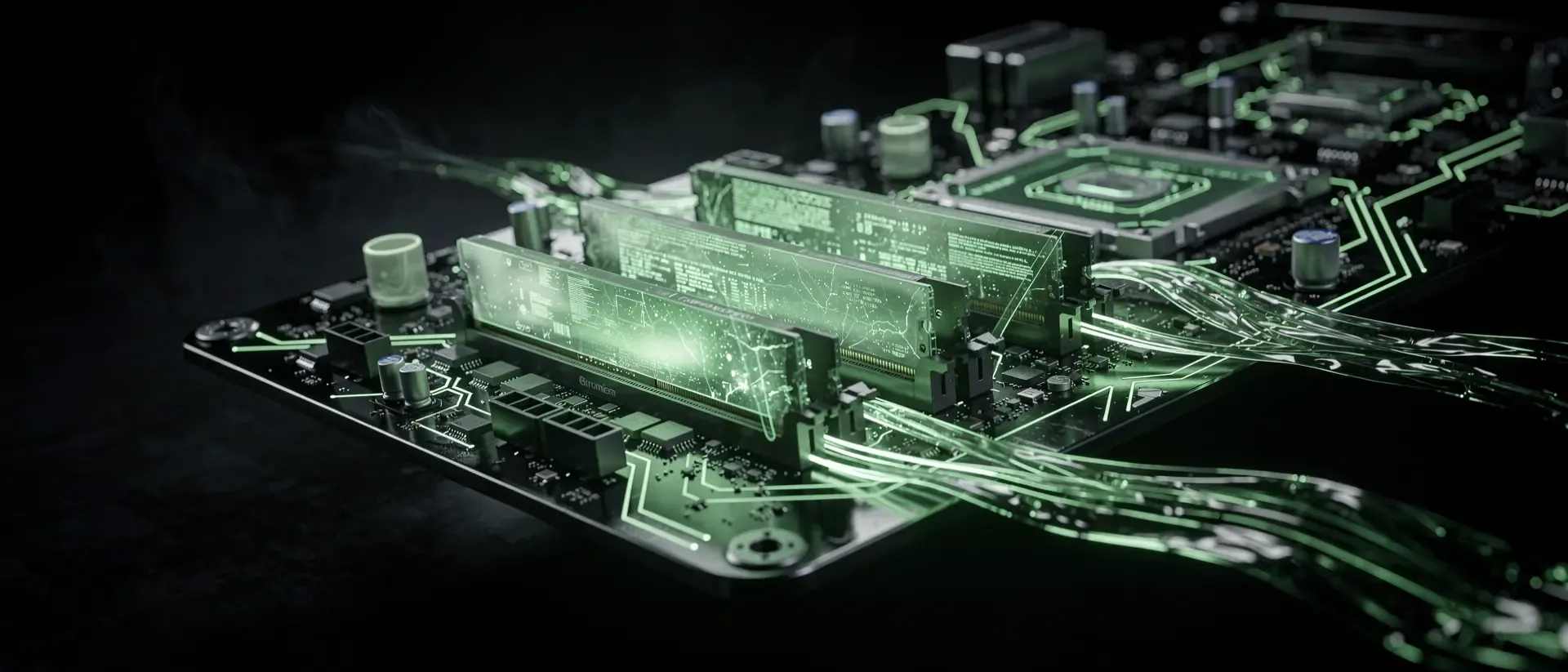 Ein futuristisches, holografisches Computer-Mainboard schwebt in einer dunklen Laborumgebung und leuchtet mit neon-grünen Energiepulsen und Datenströmen.