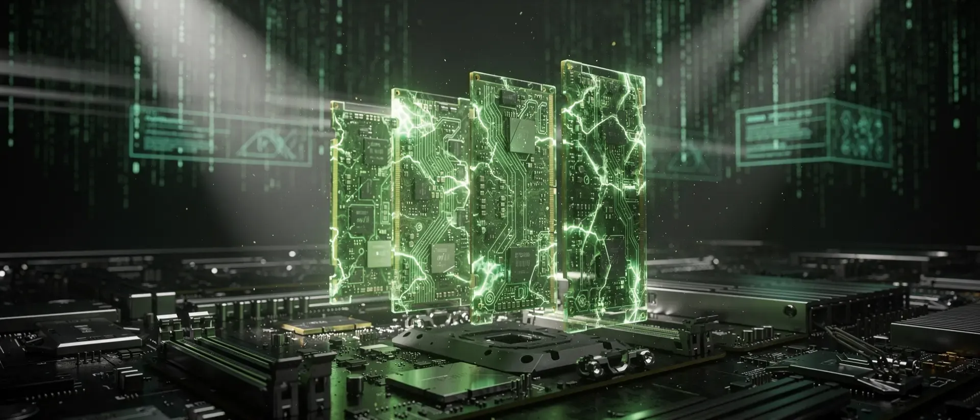 Futuristische PC-Hardware mit leuchtenden, transparenten RAM-Modulen und neongrüner Plasmaenergie in einer dunklen Cyberpunk-Atmosphäre.