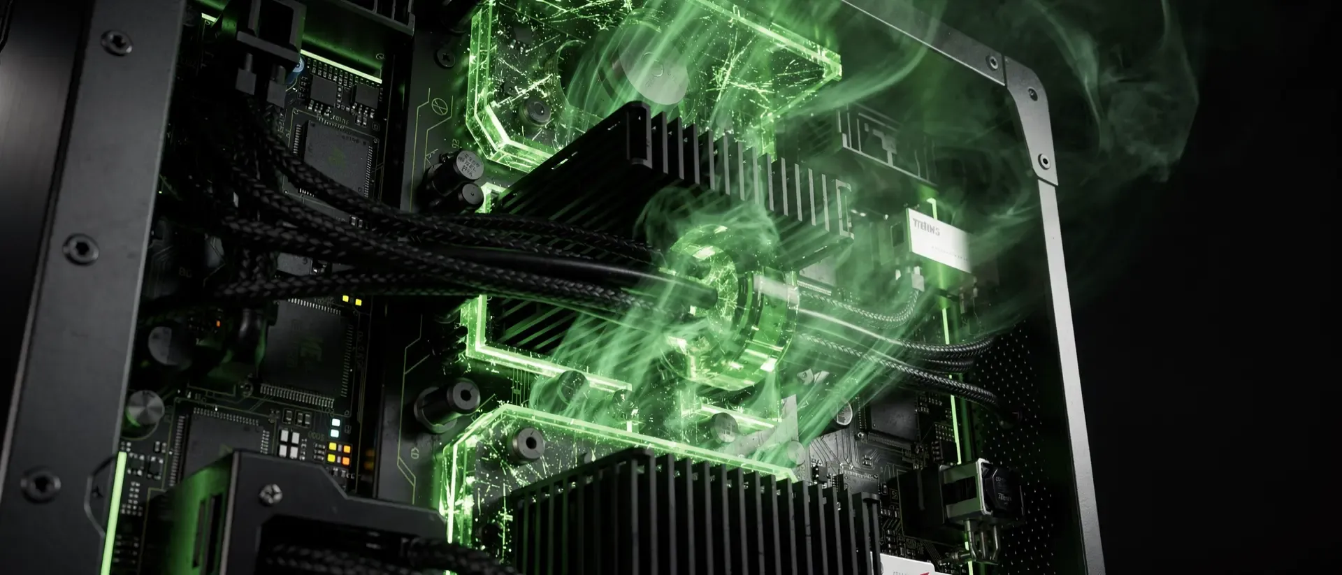 Makroaufnahme eines futuristischen Cyberpunk-PCs mit leuchtend neongrünen Energieflüssen und Plasma-Luftströmen zwischen schwarzen Hardware-Komponenten.