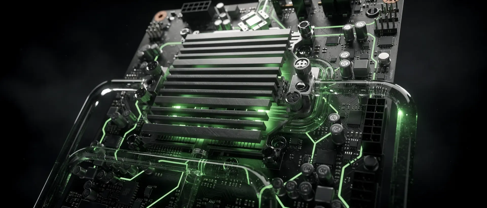 Extremer Nahaufnahme eines futuristischen Mini-ITX-Mainboards mit leuchtend neongrünen Energiekanälen und metallischen Kühlkörpern in dunkler Cyberpunk-Optik.