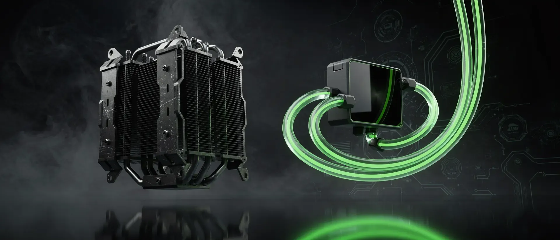 Futuristische Computer-Kühlung mit Luft- und Wasserkühlung, beleuchtet von neon-grünem Licht in einem dunklen Cyberpunk-Design.
