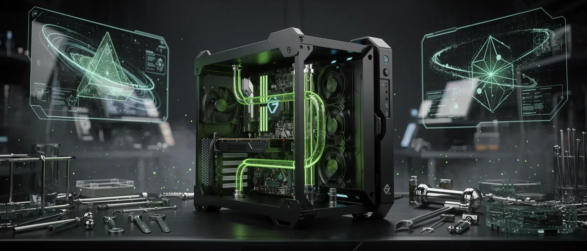 Futuristisches Cyberpunk-Labor mit einem SFF-PC, der durch neon-grüne Flüssigkeitskühlung und schwebende holografische Diagramme in dunkler Ästhetik leuchtet.