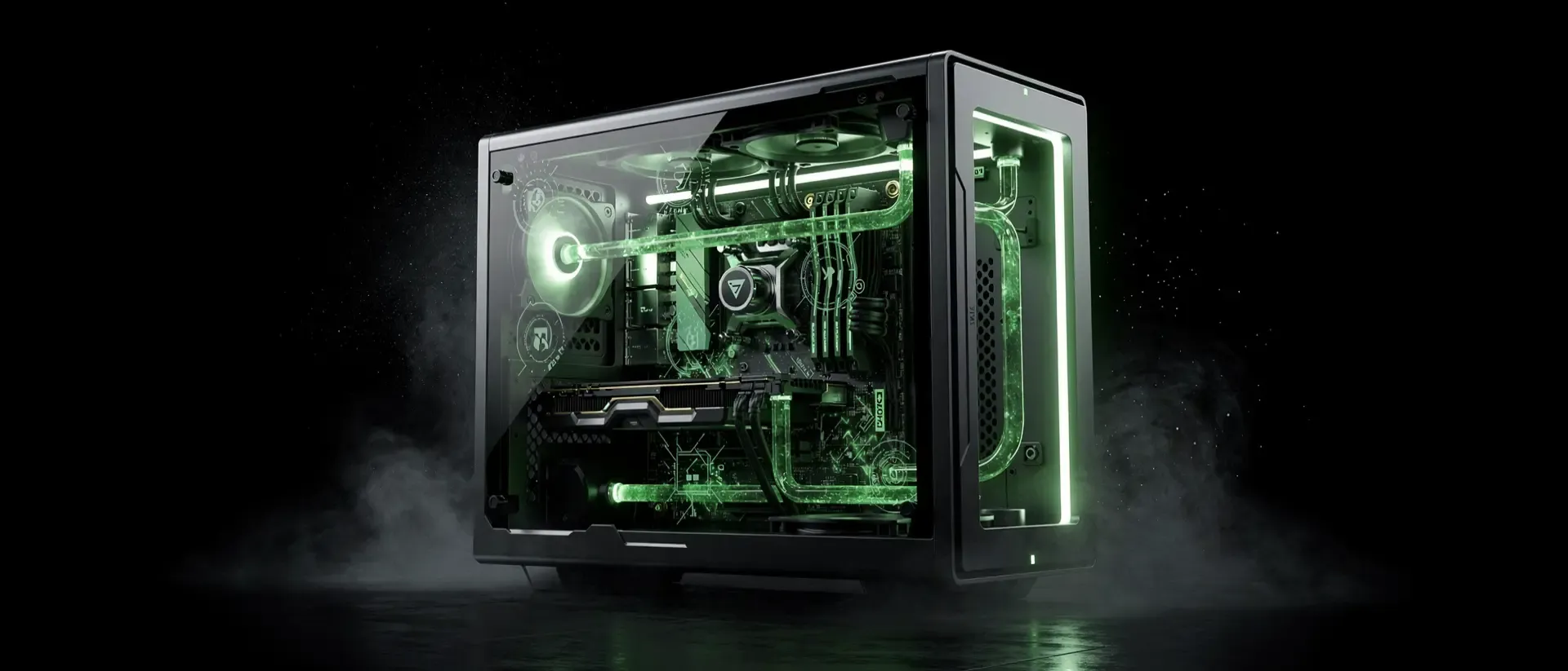 Ein futuristischer, kompakter Gaming-PC aus gebürstetem Stahl und Rauchglas, illuminiert durch leuchtend neongrüne Lichtstreifen in einer dunklen Cyberpunk-Atmosphäre.