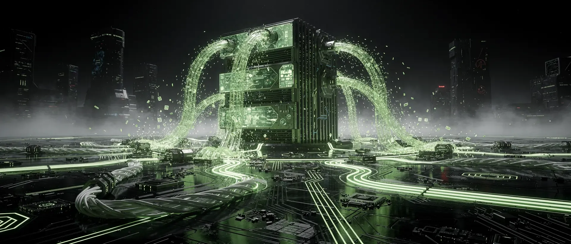 Hyperrealistische Cyberpunk-Visualisierung von Datenströmen aus neongrünem Licht, die durch futuristische Schaltkreise zwischen CPU und GPU fließen.