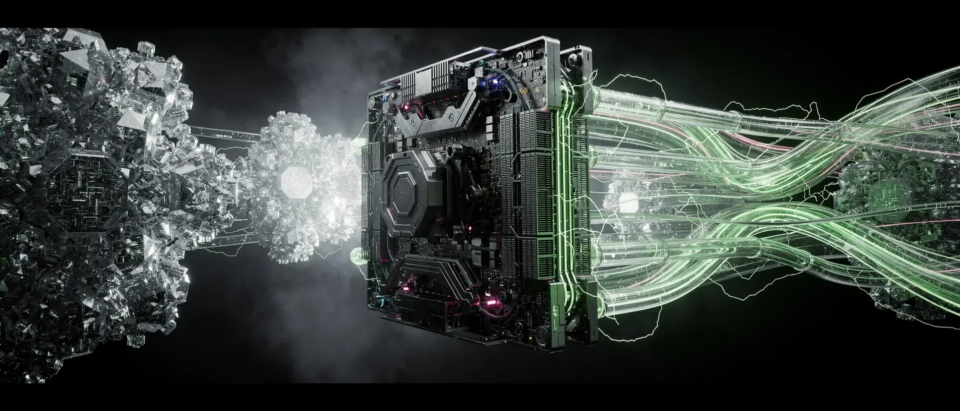 Ein futuristischer, neongrüner GPU-Kern in einem schwarzen Vakuum, umgeben von komplexen, leuchtenden Datenströmen und technischer Architektur.
