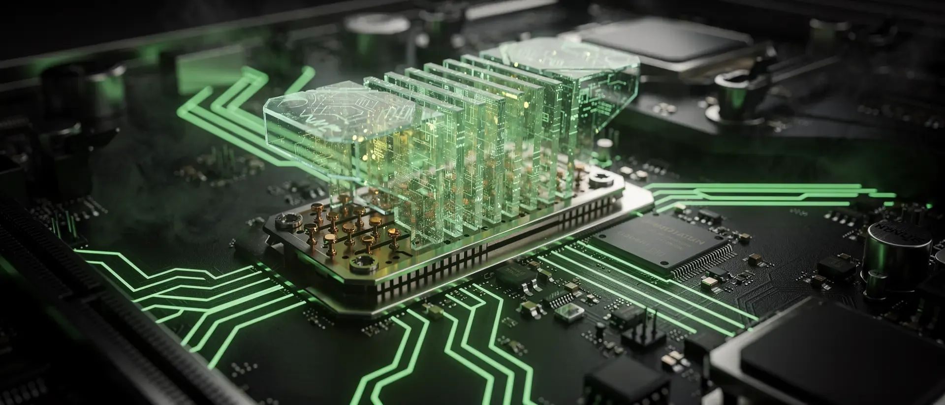 Nahaufnahme einer futuristischen, schwarzen NVMe-SSD im Cyberpunk-Stil mit leuchtend neongrünen Schaltkreisen und holografischen Kühlrippen.