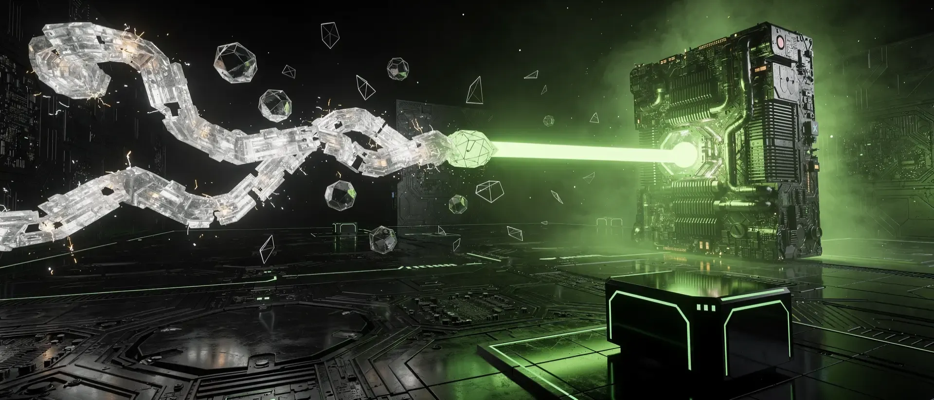 Cyberpunk-Visualisierung eines fragmentierten weißen Lichtpfades neben einem schnellen, neon-grünen Plasmastrahl zwischen Speicher und GPU-Kern.