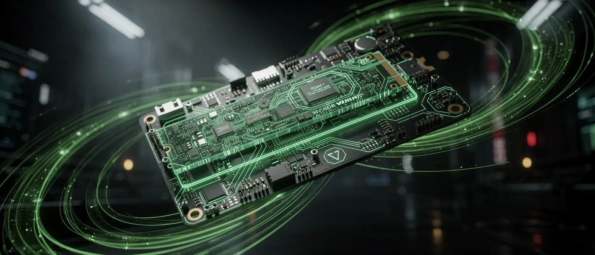 Ein futuristisches Cyberpunk-Labor zeigt eine schwebende holografische Computerplatine und SSD mit leuchtend neongrünen Datenströmen vor schwarzem Hintergrund.
