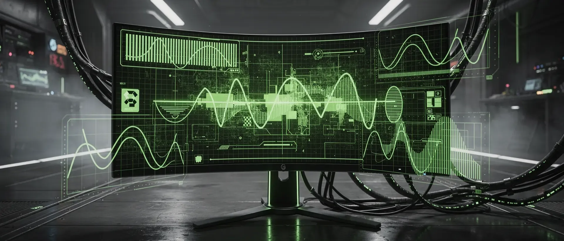 Nahaufnahme eines gebogenen Cyberpunk-Monitors in einem futuristischen Labor, der ein neon-grünes digitales Farbkallibrierungsraster zeigt.