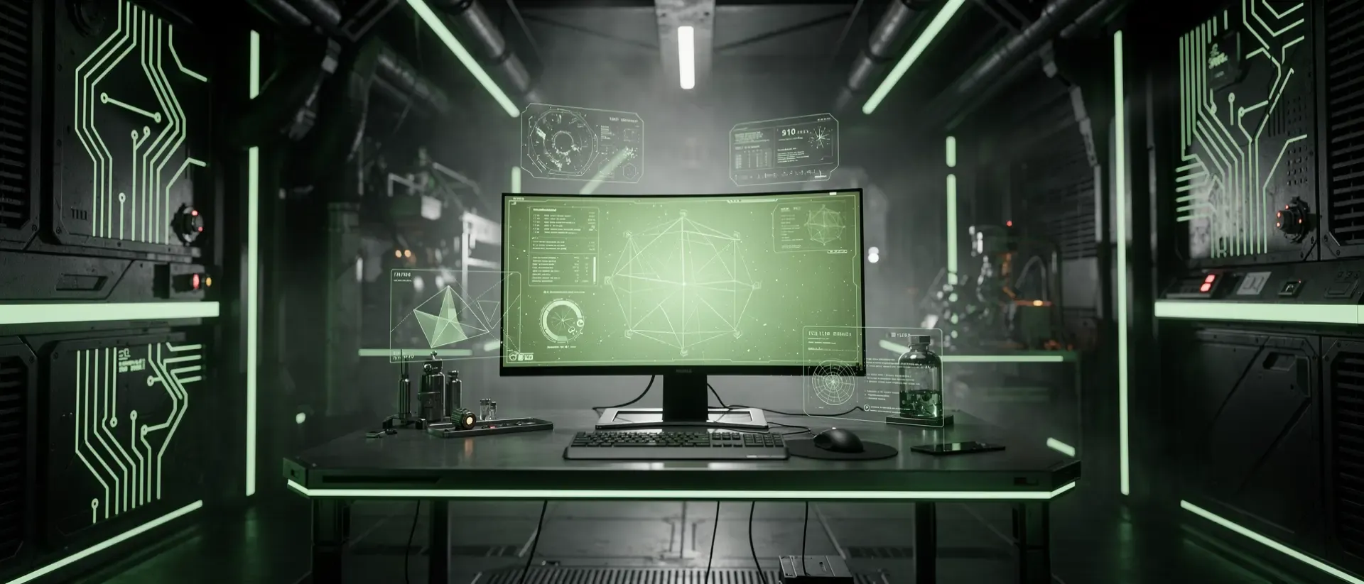 Ein futuristisches Cyberpunk-Labor mit einem Ultrawide-Monitor, neon-grünen Lichtstreifen und holografischen Datenvisualisierungen in dunkler Atmosphäre.