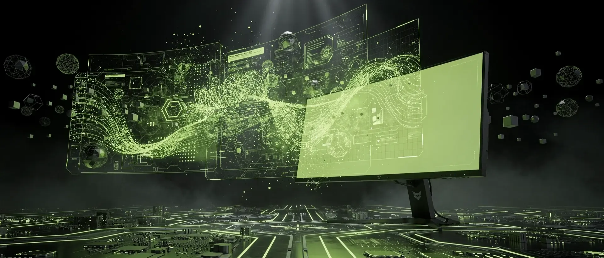 Ein futuristisches Cyberpunk-Labor mit einem leuchtend neongrünen Hologramm und digitalen Datenpartikeln vor einem tiefschwarzen Hintergrund.