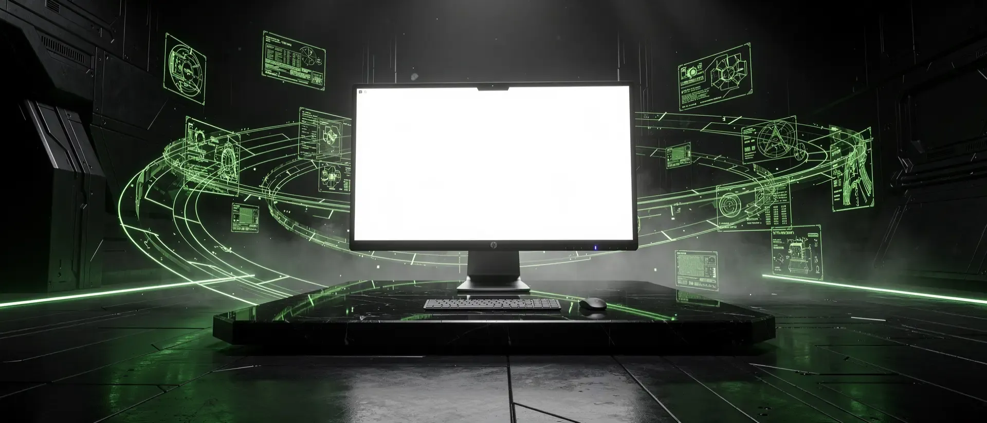 Futuristische Cyberpunk-Arbeitsstation mit einem leuchtenden Ultra-Wide-Monitor in einem dunklen Raum voller neongrüner Hologramme und Datenknoten.