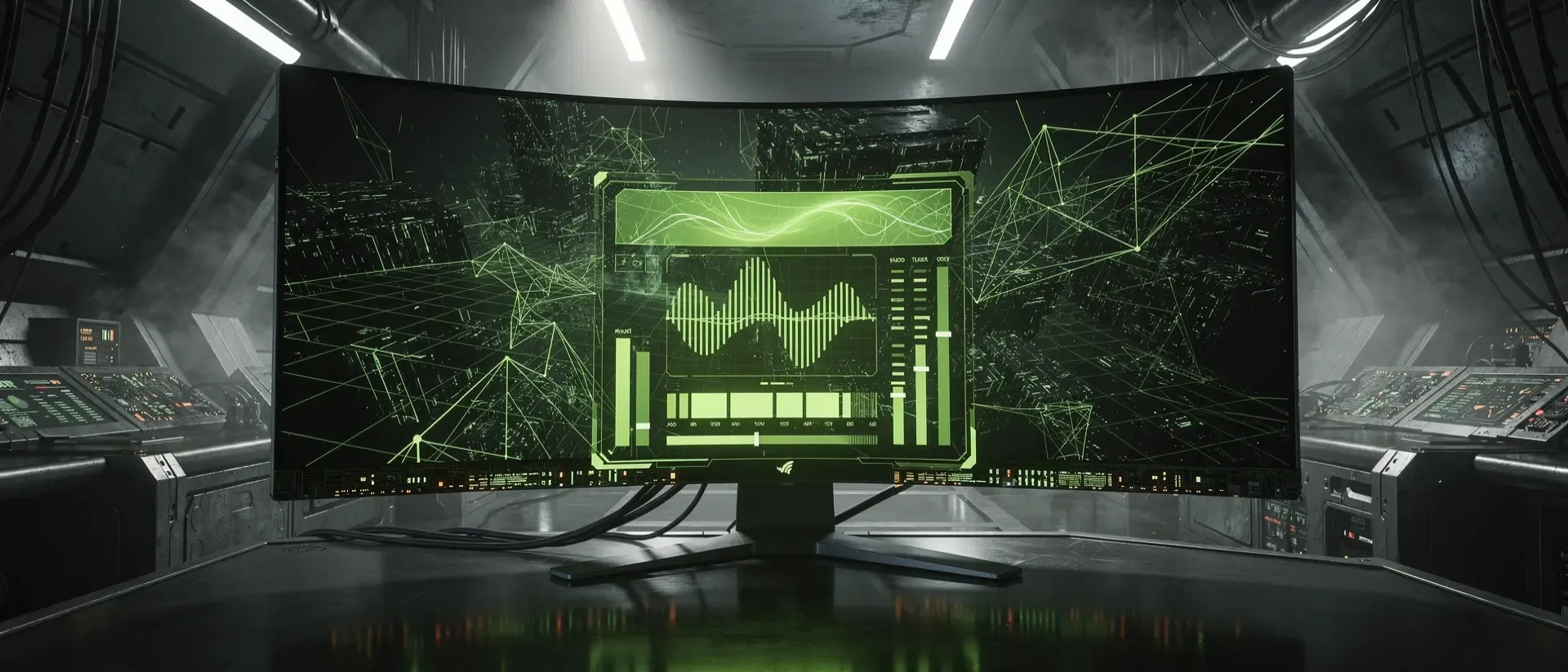 Futuristisches Cyberpunk-Kontrollzentrum mit einem gewölbten Monitor, der neongrüne Gittermuster und ein holografisches Interface im Dunkeln zeigt.