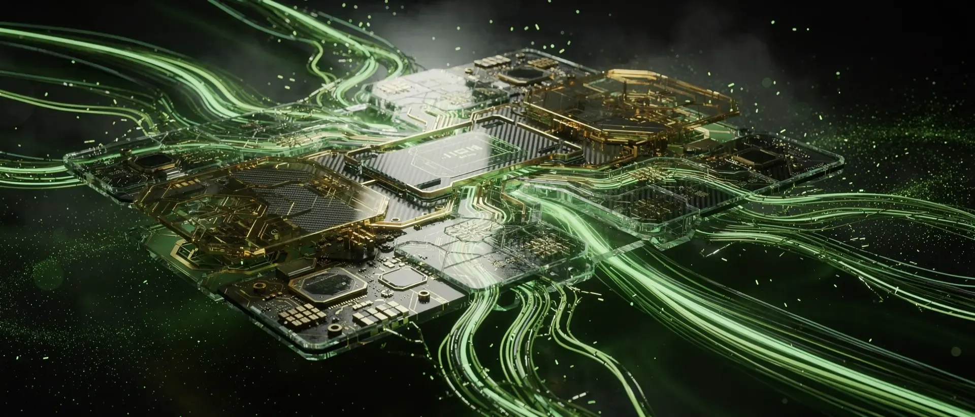 Futuristische Cyberpunk-Visualisierung von extrem schnellen Datenströmen als neongrüne Lichtwellen auf einer dunklen, technologischen Platine.