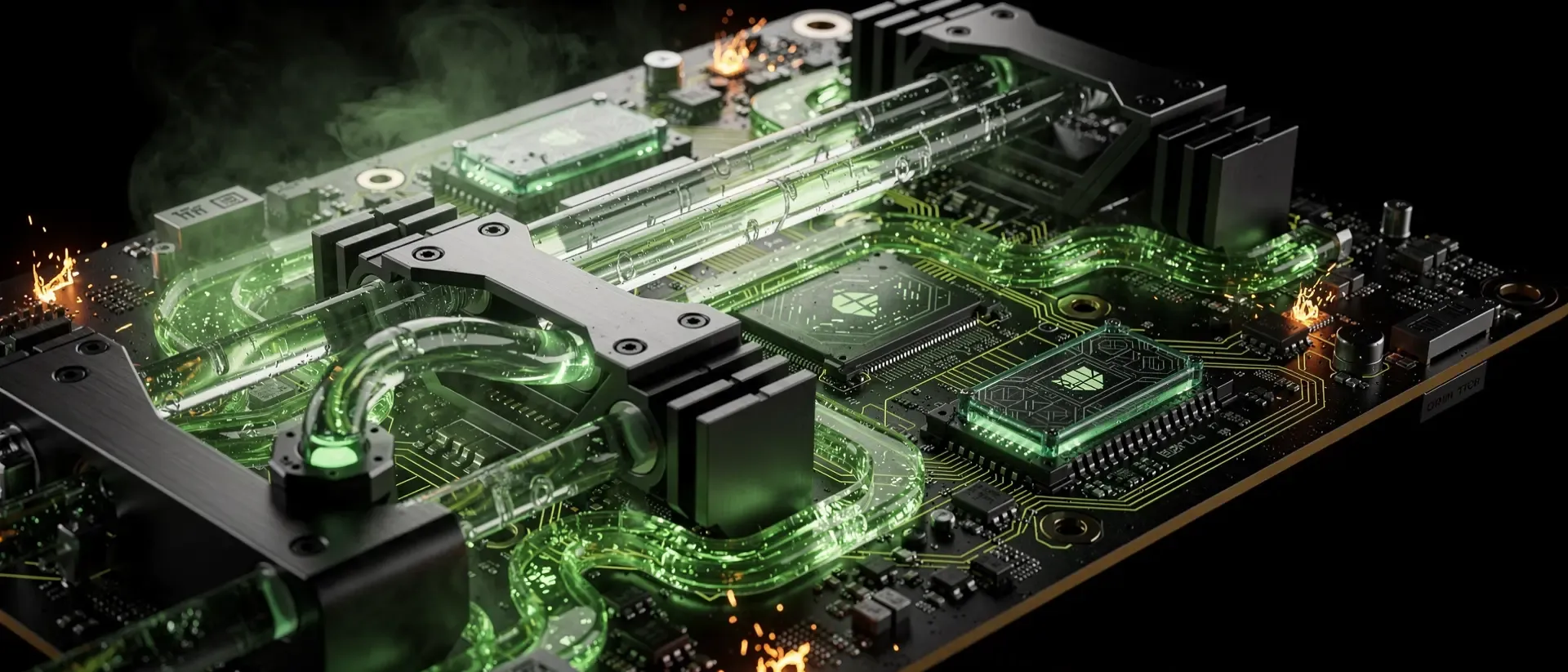 Nahaufnahme einer futuristischen, glühenden PCIe 6.0 SSD mit neon-grüner Flüssigkeitskühlung und thermischen Hitzeeffekten vor schwarzem Hintergrund.