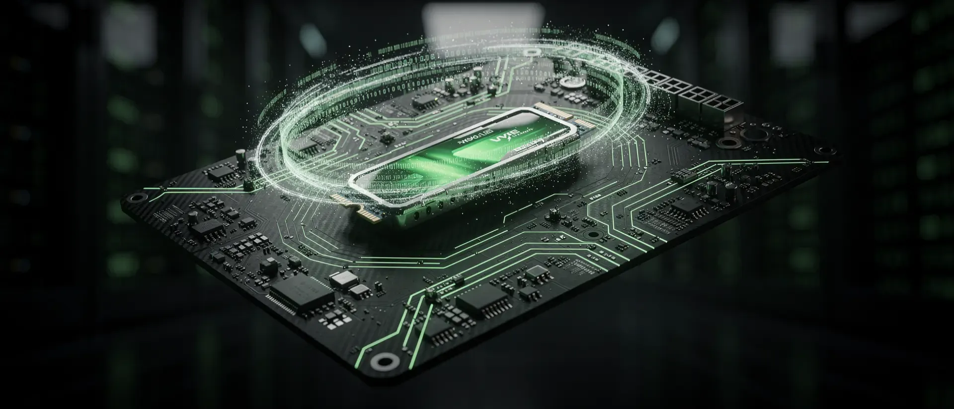 Eine futuristische, dunkelmatte Carbon-Hauptplatine mit leuchtend neongrünen Schaltkreisen und einer glühenden M.2-SSD in einem digitalen Datenstrudel.