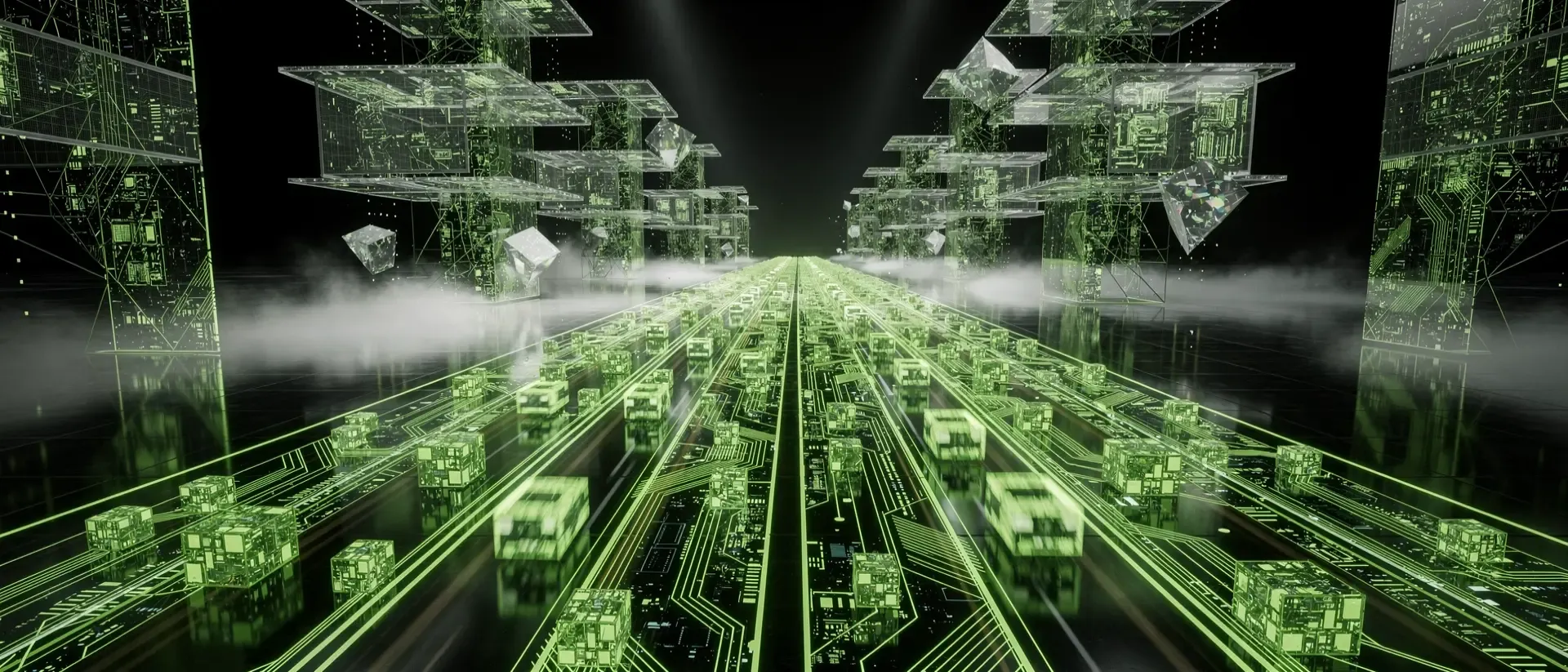 Eine futuristische Cyberpunk-Landschaft mit einer neon-grünen holografischen Datenautobahn aus leuchtenden Schaltkreisen und fließenden Datenwürfeln.