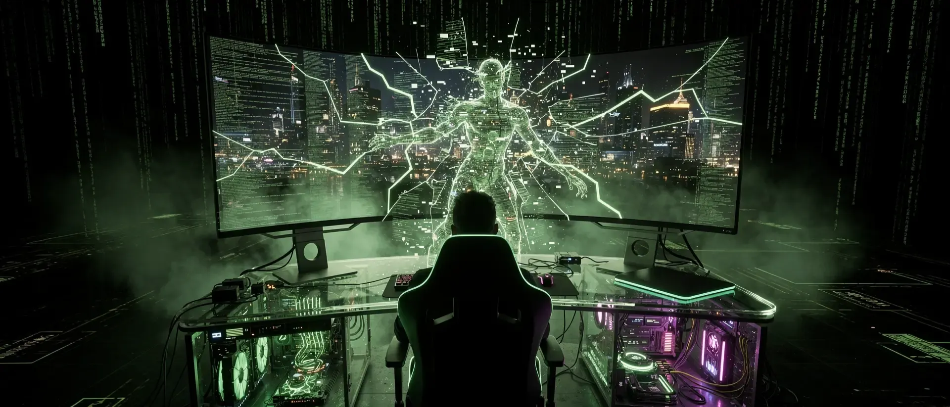Cyberpunk-Gamer-Silhouette vor einem holografischen Monitor, umgeben von flackernden, neongrünen Datenstörungen und digitalen Glitch-Effekten.