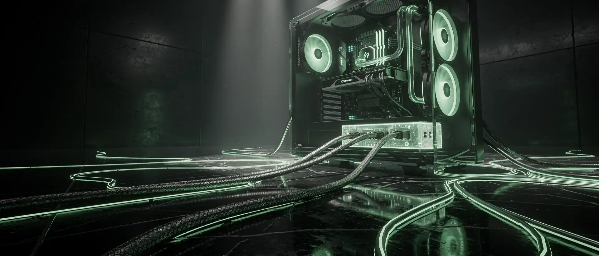 Futuristischer Cyberpunk-Gaming-Arbeitsplatz in einem dunklen Raum mit leuchtend neongrünen Glasfaserkabeln auf einem reflektierenden schwarzen Boden.