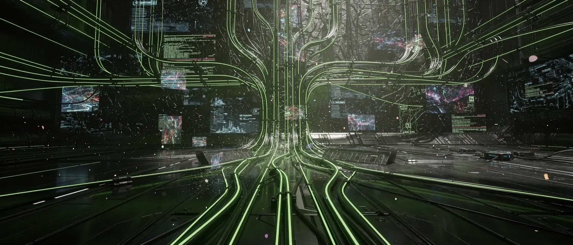 Ein hyperrealistisches Cyberpunk-Szenario mit pulsierenden, neon-grünen Glasfaserkabeln und digitalen Datenströmen vor einem dunklen Metallhintergrund.