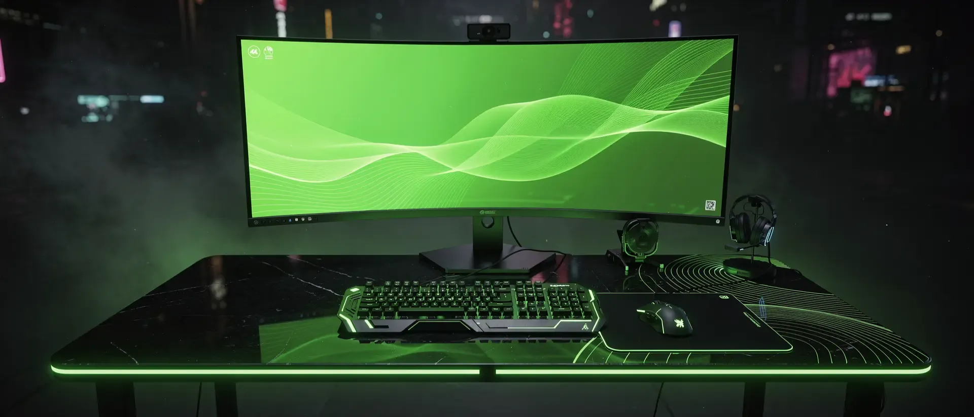 Futuristisches Cyberpunk-Gaming-Setup mit einem gewaltigen gebogenen Monitor, der in intensivem Neon-Grün auf einem schwarzen Obsidian-Schreibtisch leuchtet.