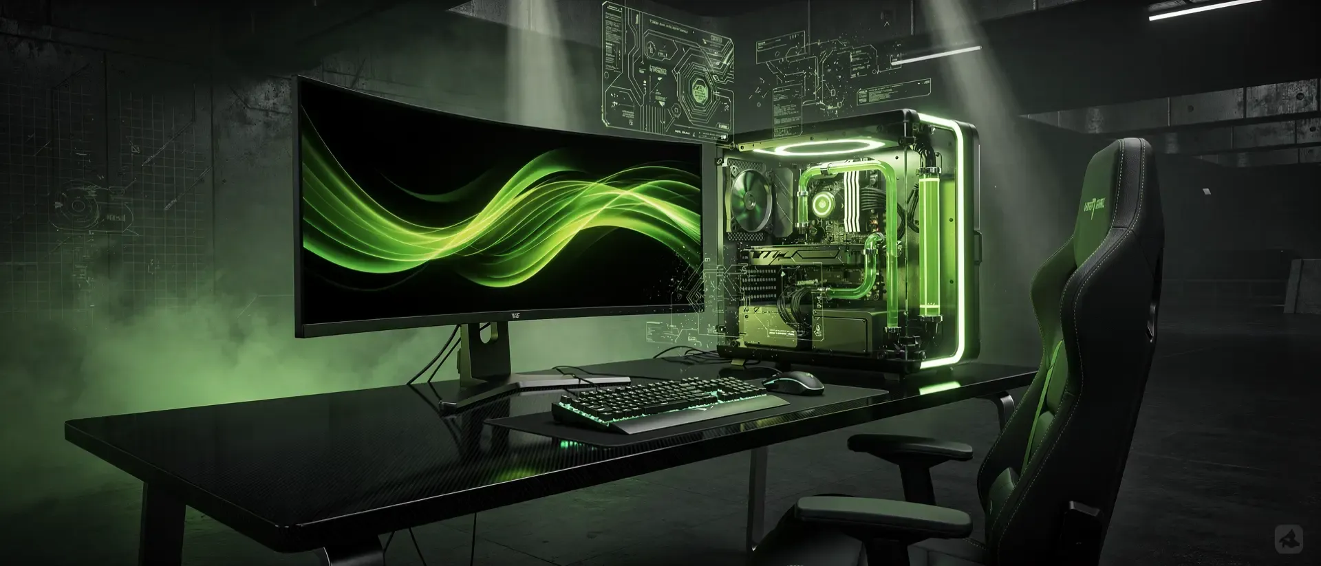 Futuristische Gaming-Station in einem dunklen Cyberpunk-Zimmer mit neon-grünem Leuchten, einem Ultrawide-Monitor und gläsernen PC-Komponenten.