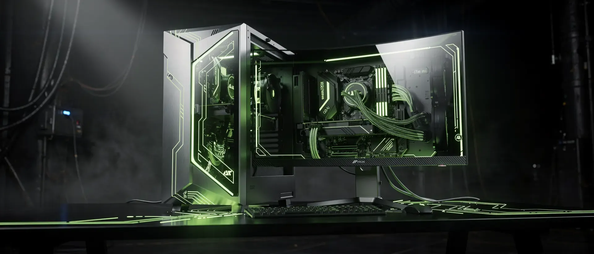 Futuristische Cyberpunk-Gaming-Station mit einem Ultrawide-Monitor und PC-Gehäuse in tiefem Schwarz und leuchtend neongrünen Lichtakzenten.