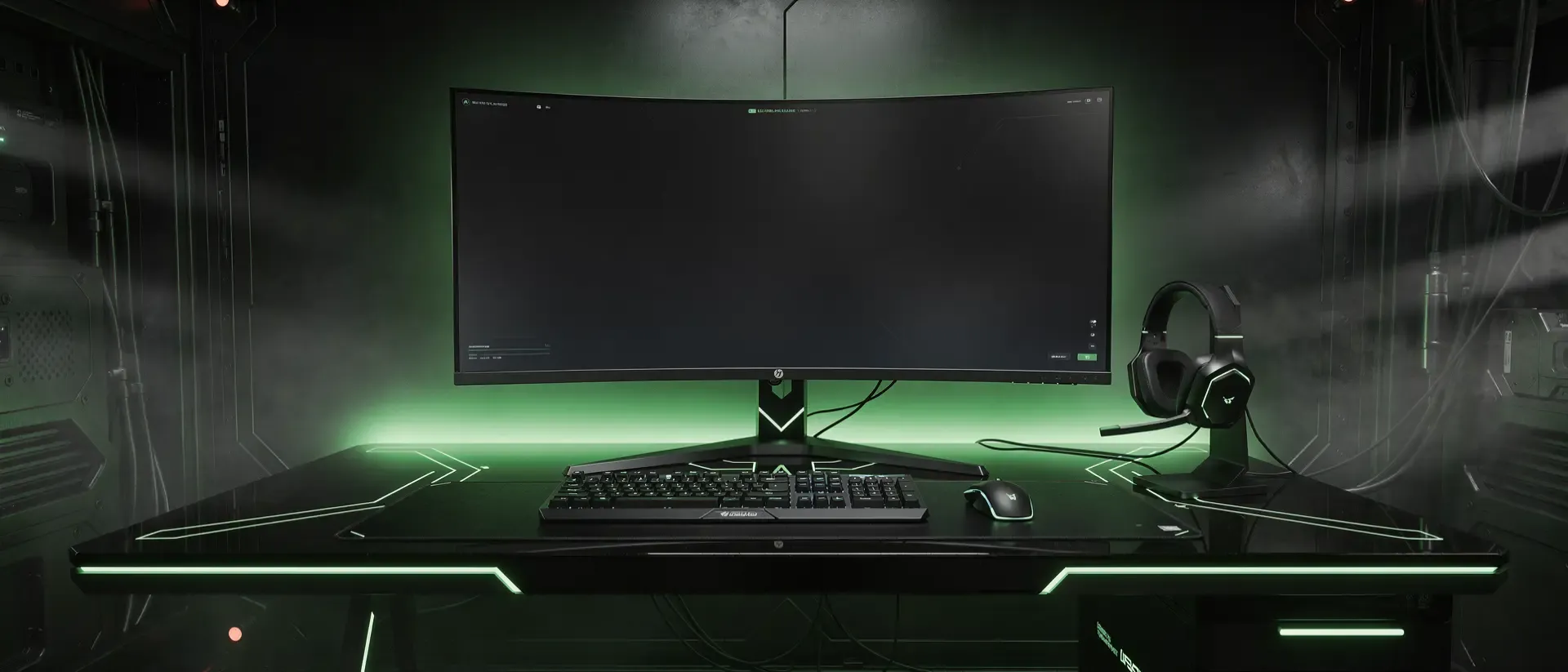 Ein futuristischer Cyberpunk-Gaming-Arbeitsplatz mit einem Ultrawide-Monitor, mattem schwarzen Design und atmosphärischem neongrünen Licht.