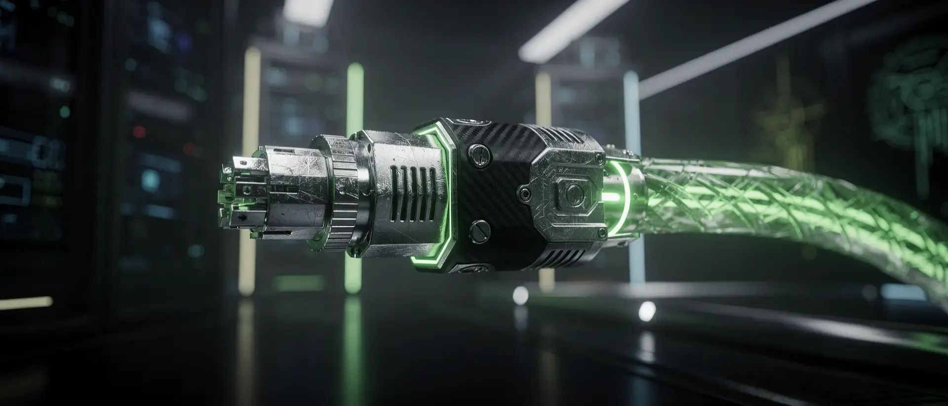 Nahaufnahme eines futuristischen Datenkabels mit leuchtend neongrünen Glasfasern und metallischem Stecker in einem dunklen Cyberpunk-Labor.