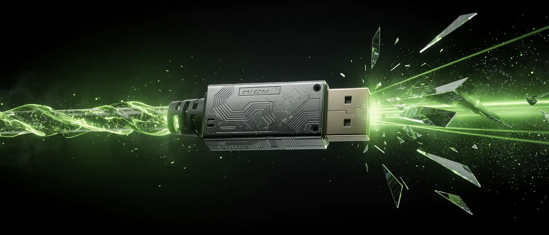 Ein futuristischer DisplayPort‑2.1‑Stecker schwebt im Vakuum, leuchtet in neon‑grüner Plasma‑Energie, die in Laser‑Strahlen und Scherben zerfällt.