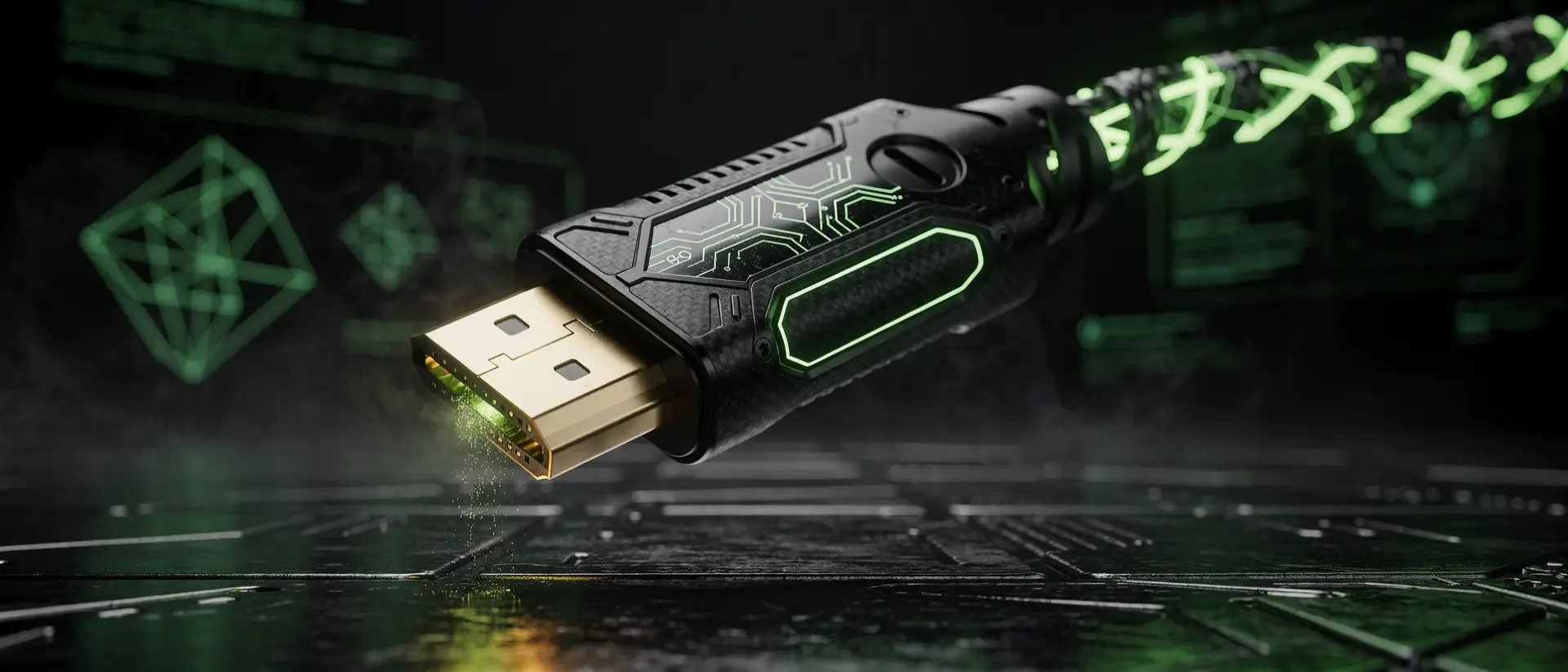 Ein futuristischer HDMI-Stecker aus Carbon mit pulsierenden, neongrünen Energielinien schwebt über einem metallischen Boden in einer Cyberpunk-Atmosphäre.