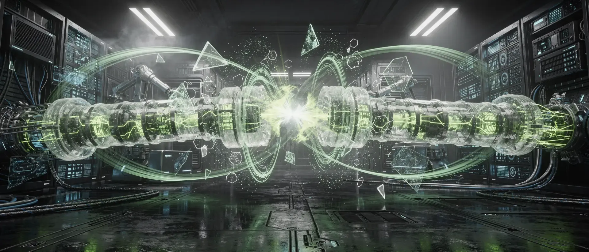 Futuristisches Cyberpunk-Labor mit zwei leuchtenden Datenkabeln, die in einem zentralen Zusammenstoß aus neon-grüner Energie und Hologrammen kollidieren.