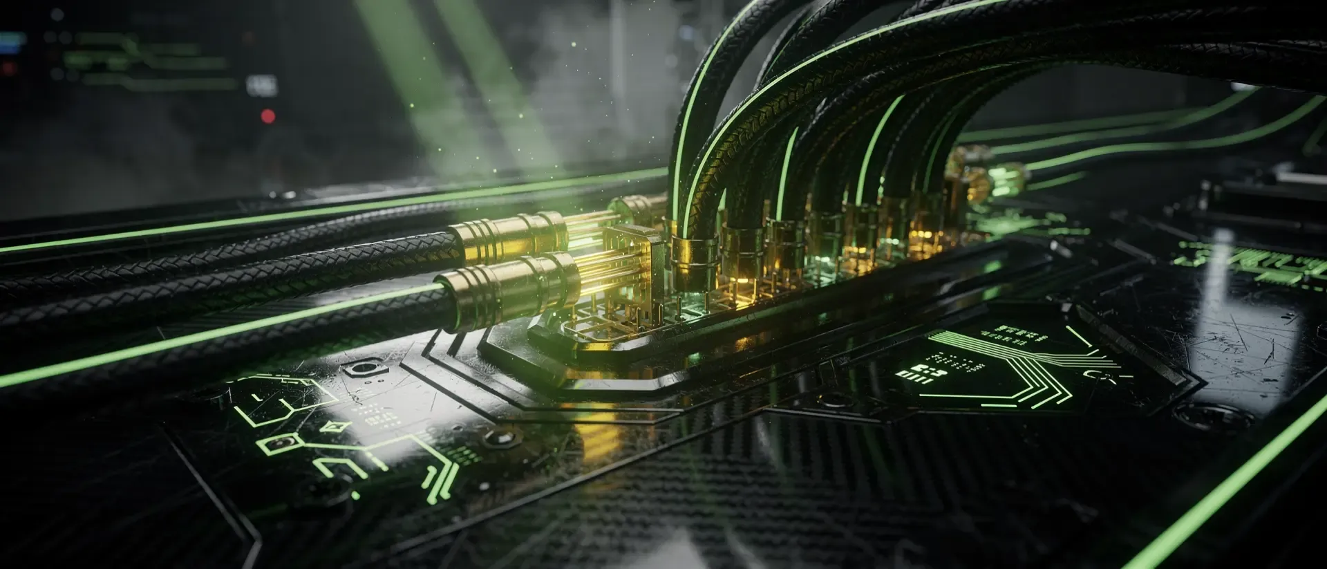 Nahaufnahme von futuristischen, geflochtenen Datenkabeln mit neongrünen Glasfaserkonnektoren an einer schwarzen Hardware-Schnittstelle in einem Cyberpunk-Labor.