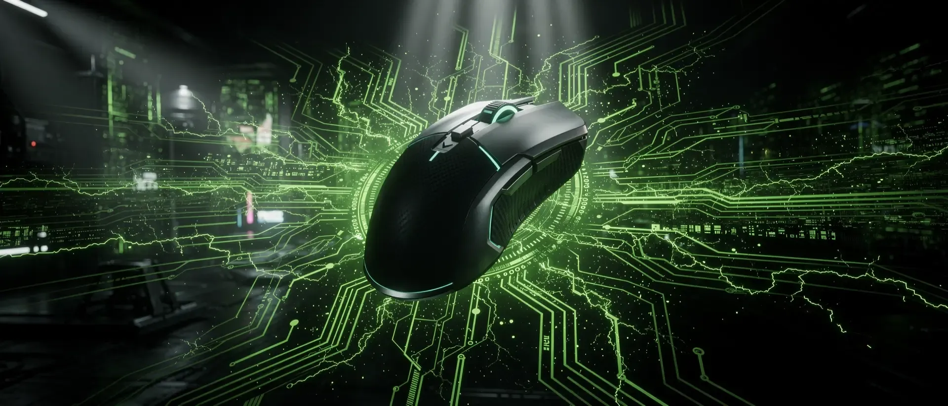 Eine futuristische Gaming-Maus schwebt als Hologramm in einem Cyberpunk-Labor, umgeben von leuchtend neongrünen Datenströmen vor schwarzem Hintergrund.