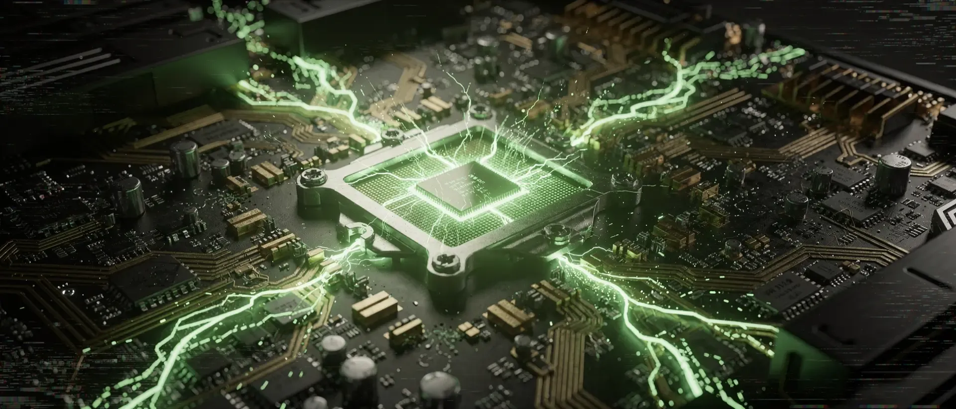 Nahaufnahme eines futuristischen CPUs auf einem schwarzen Mainboard mit leuchtend neongrünen digitalen Datenströmen und Cyberpunk-Ästhetik.