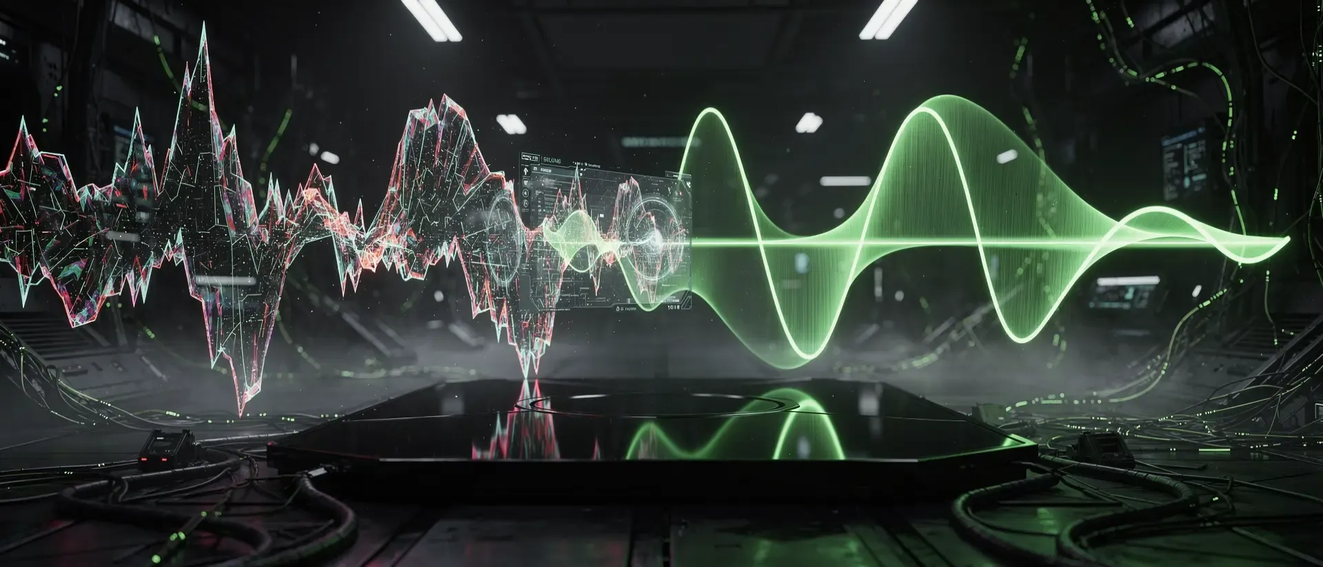 Futuristisches Cyberpunk-Labor mit zwei holografischen Wellenformen und leuchtenden grünen Schaltkreisen in einer dunklen, cineastischen Atmosphäre.