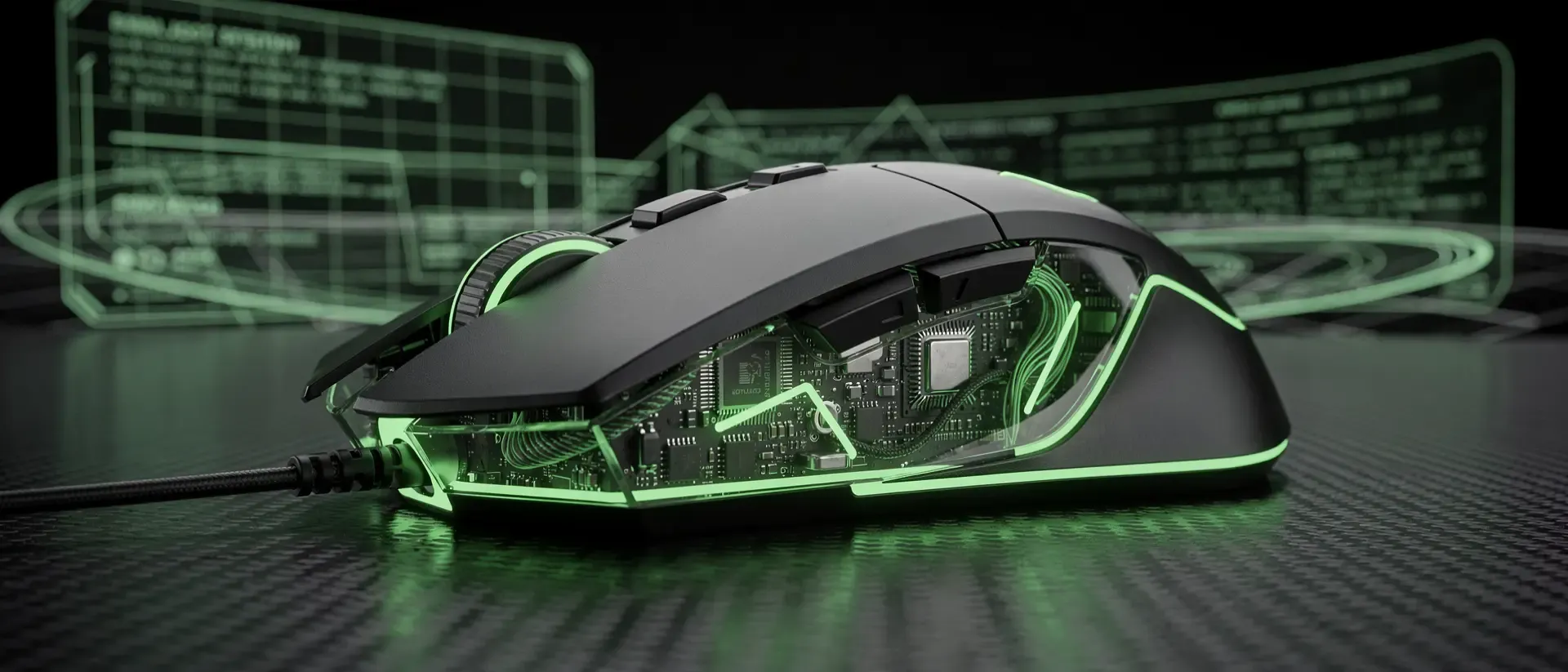 Nahaufnahme einer futuristischen Gaming-Maus mit neongrünen Lichtstreifen und sichtbarer Technik auf dunklem Carbon in einer Cyberpunk-Atmosphäre.