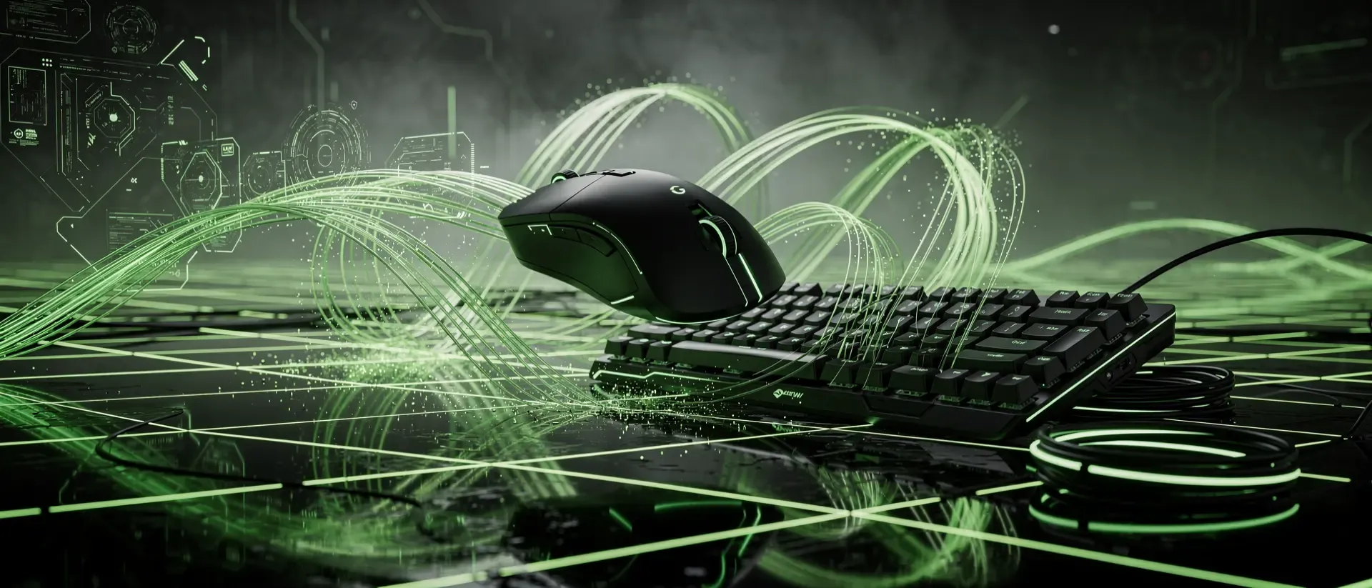 Futuristische Gaming-Workstation mit schwarzer Maus und Tastatur, umgeben von leuchtend neongrünen Lasergittern und digitalen Datenströmen im Cyberpunk-Stil.
