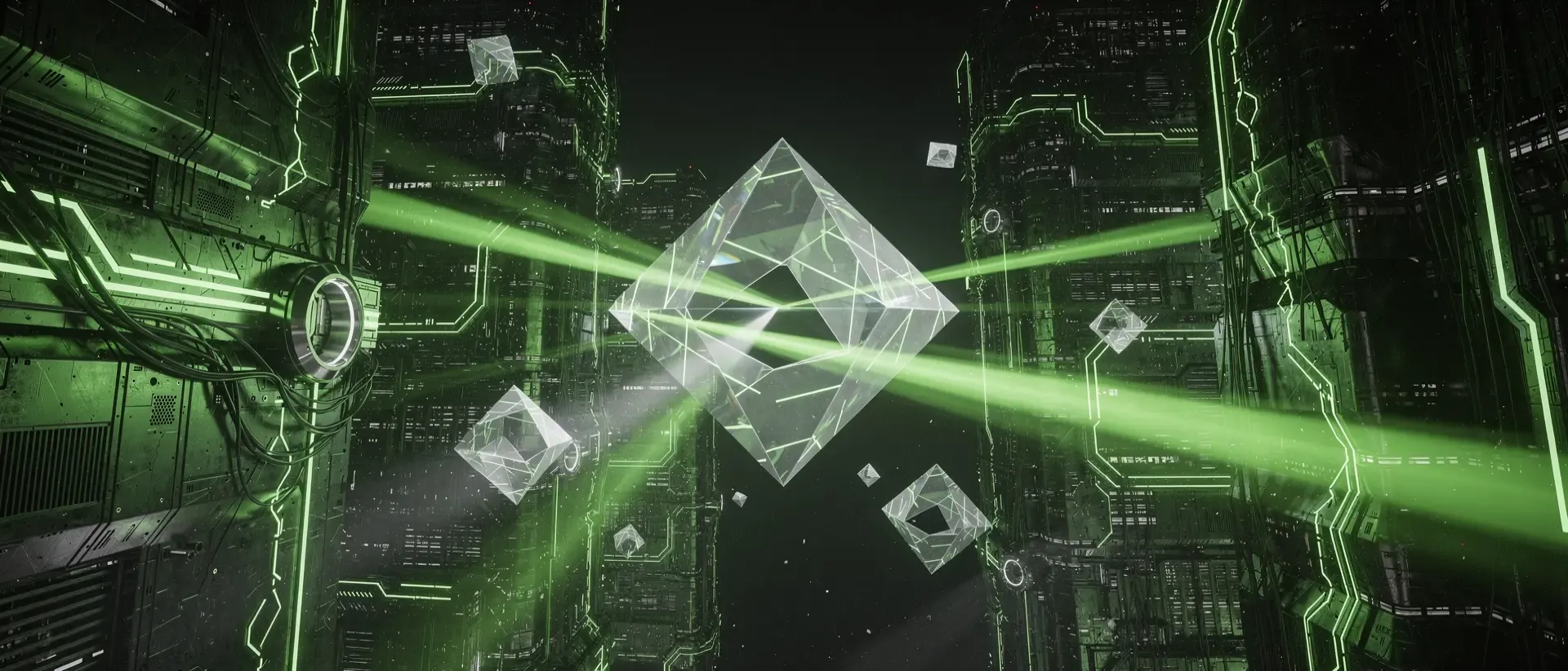Hyperrealistische Cyberpunk-Stadtlandschaft bei Nacht mit leuchtend neongrünen Lichtstrahlen, gläsernen Prismen und schwebenden holografischen Fragmenten.