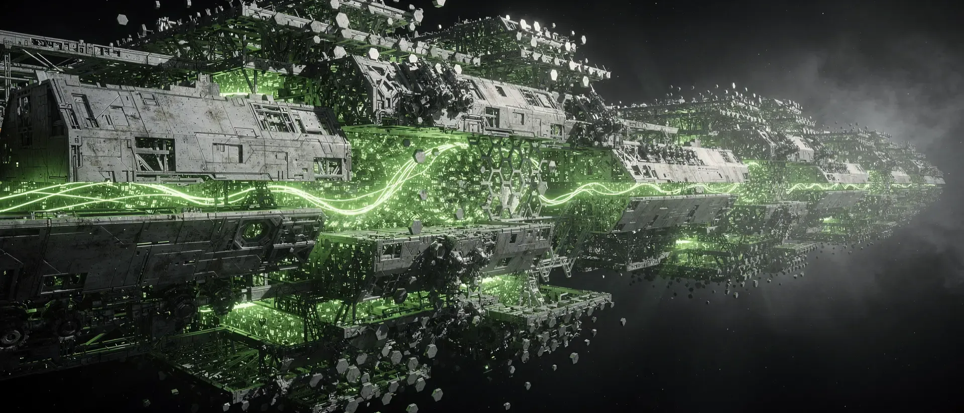 Eine monumentale Cyberpunk-Architektur zerfällt in Millionen leuchtender, neon-grüner Hexagone und digitale Partikel vor einem dunklen Hintergrund.