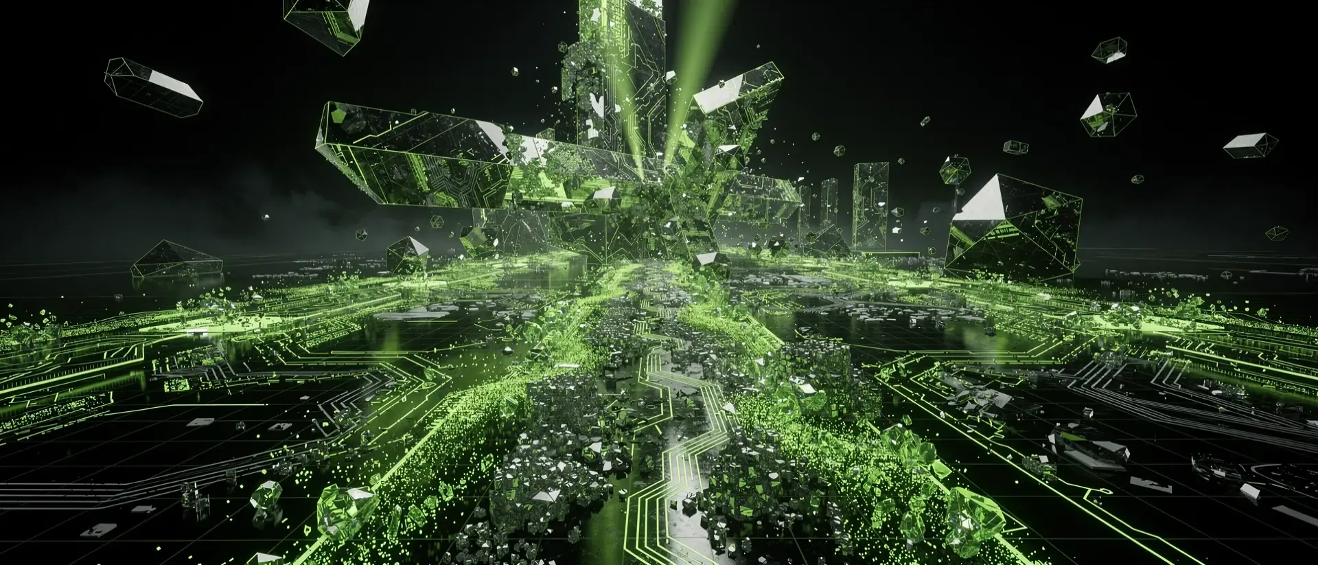 Futuristische digitale Landschaft aus leuchtend neongrünen geometrischen Strukturen und Datenpartikeln vor tiefschwarzem Hintergrund.